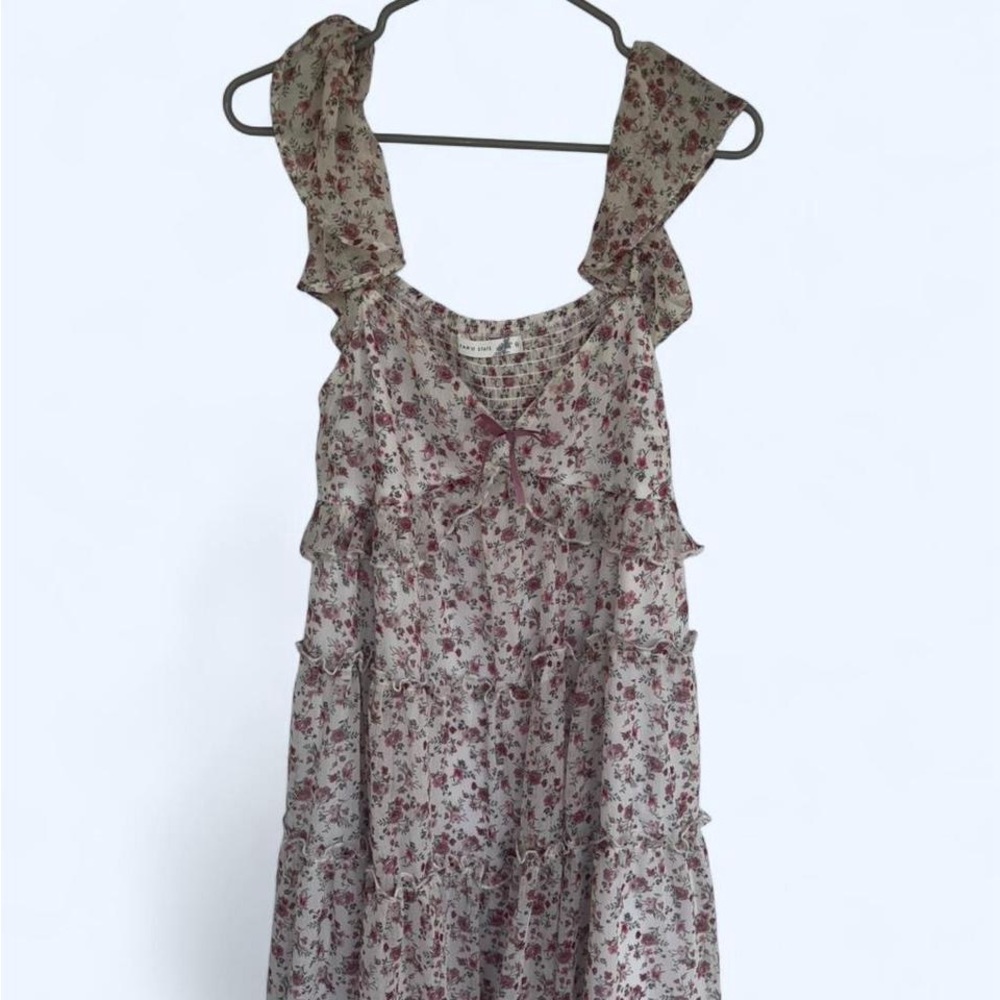 Altar'd State Floral Ruffle Tiered Sundress in Cream and Burgundy